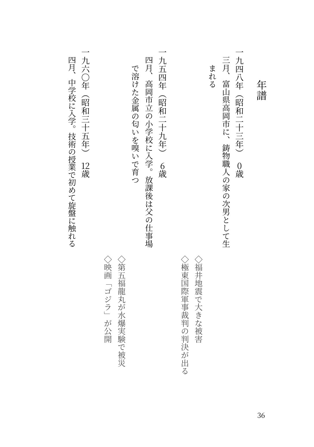 見本原稿の年譜のページ。右に本人の歩み、下段に同じ年の社会の出来事が並ぶ